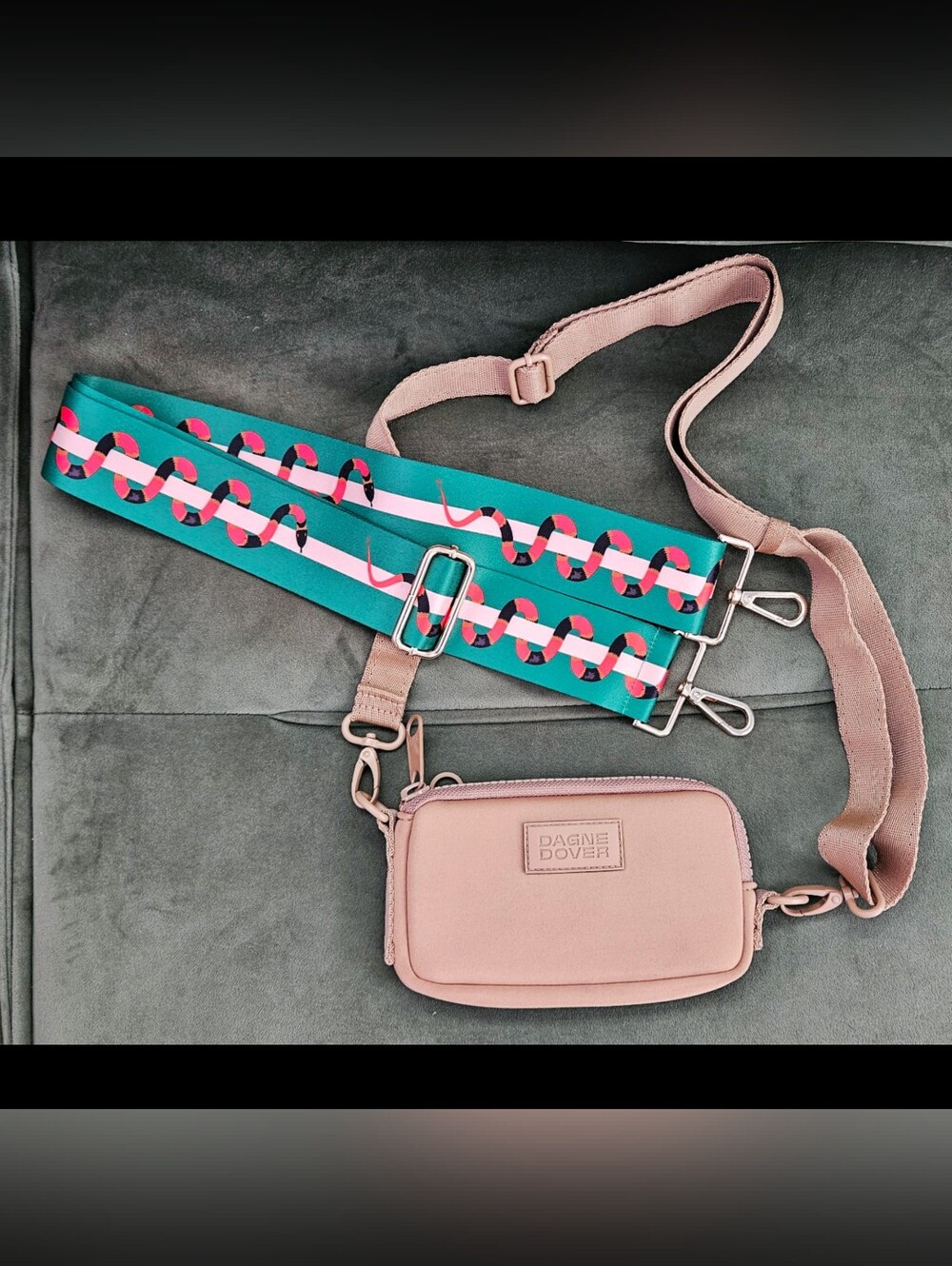 Dagne Dover Mara Phone Sling Bag Neoprene Camel Crossbody + Green Snake Strap